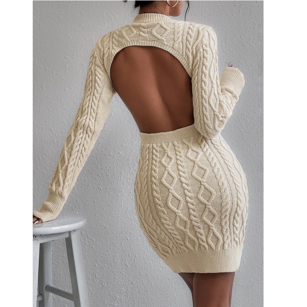 Beige Sweater Dress Cable Knit Backless Round Neck Long Sleeve Short - Picture 4 of 9